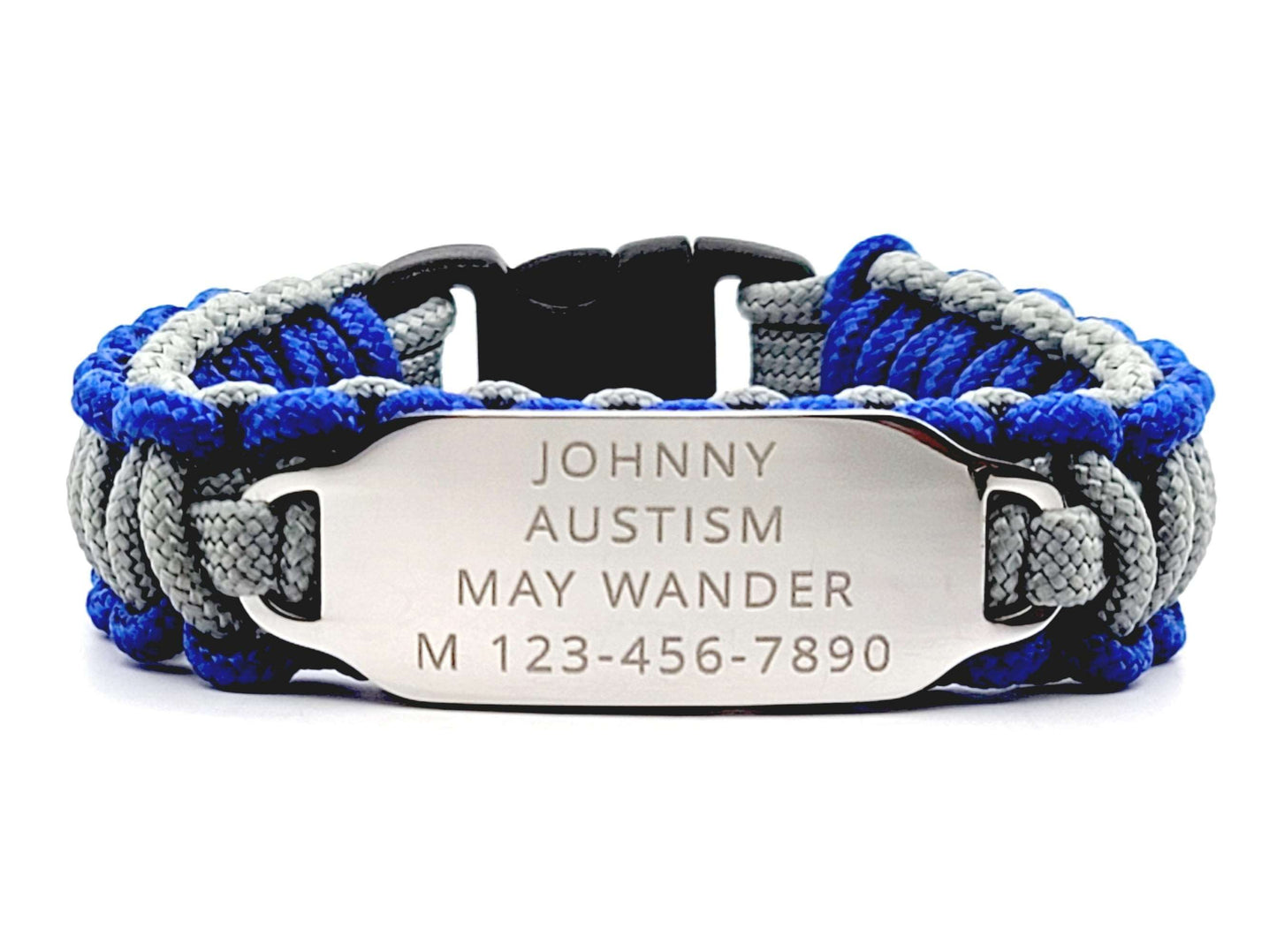 Blue & grey thin 275 paracord ID bracelet with a silver, stainless steel ID tag engraved with medical information and emergency contact phone number, displayed on a white background.