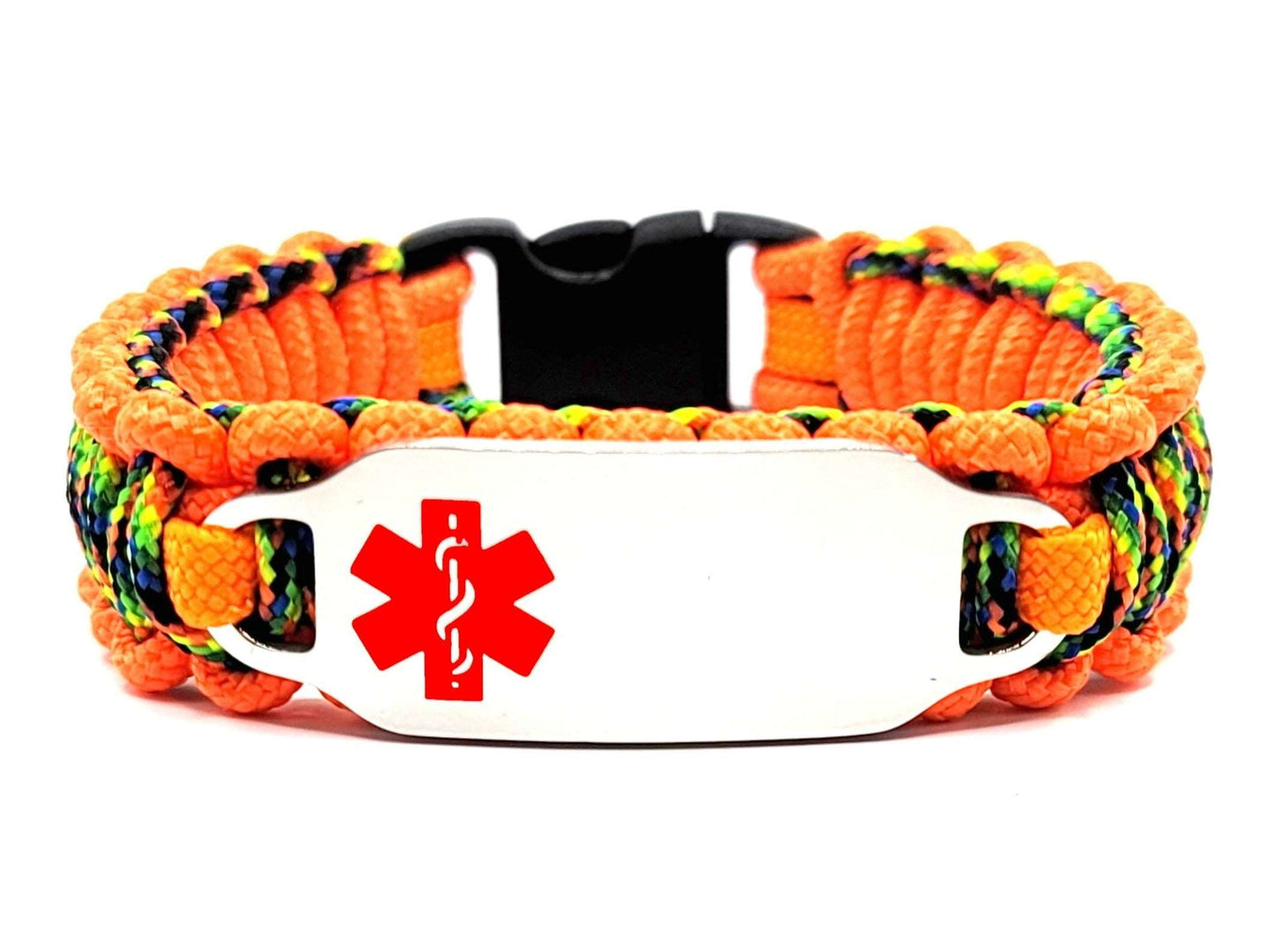 Colorful, thin, 275 paracord medical alert bracelet with a silver colored, stainless steel ID tag with an enameled red medical symbol, displayed on a white background.