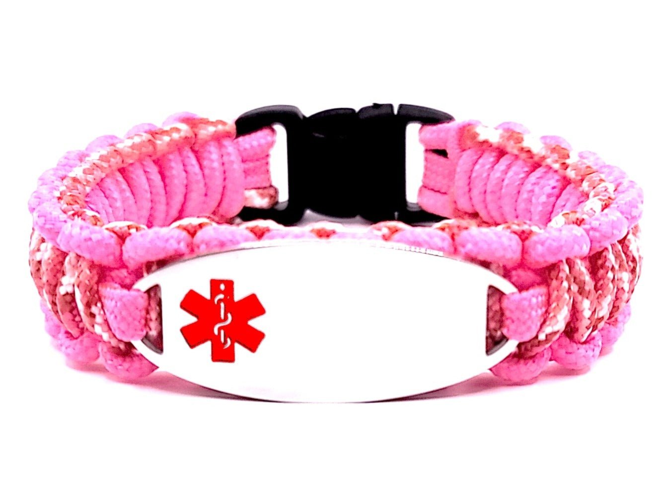 Red and pink, thin, 275 paracord medical alert bracelet with a silver colored, stainless steel ID tag with an enameled red medical symbol, displayed on a white background.