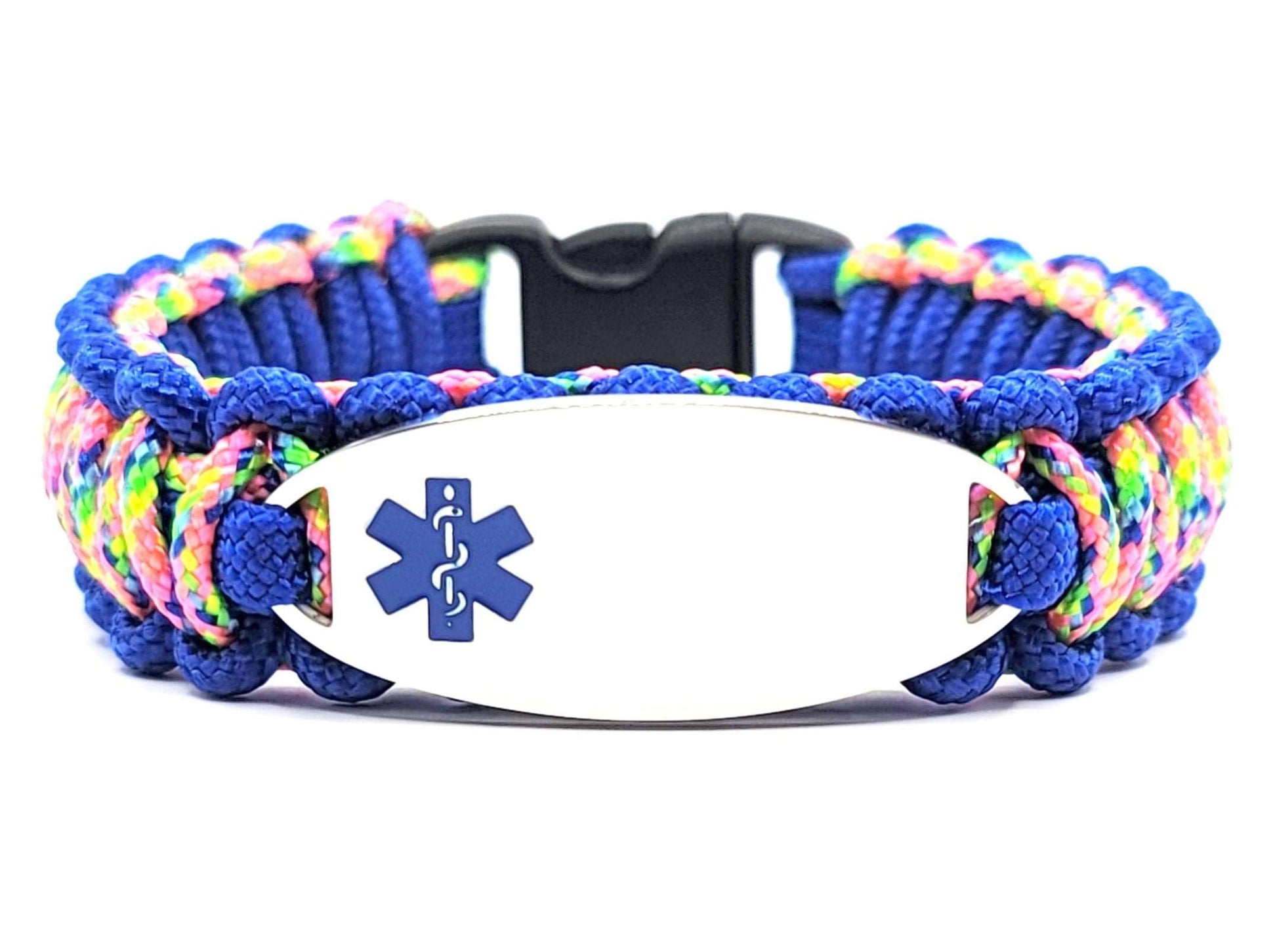 Vibrant, thin, 275 paracord medical alert bracelet with a silver colored, stainless steel ID tag with an enameled blue medical symbol, displayed on a white background.