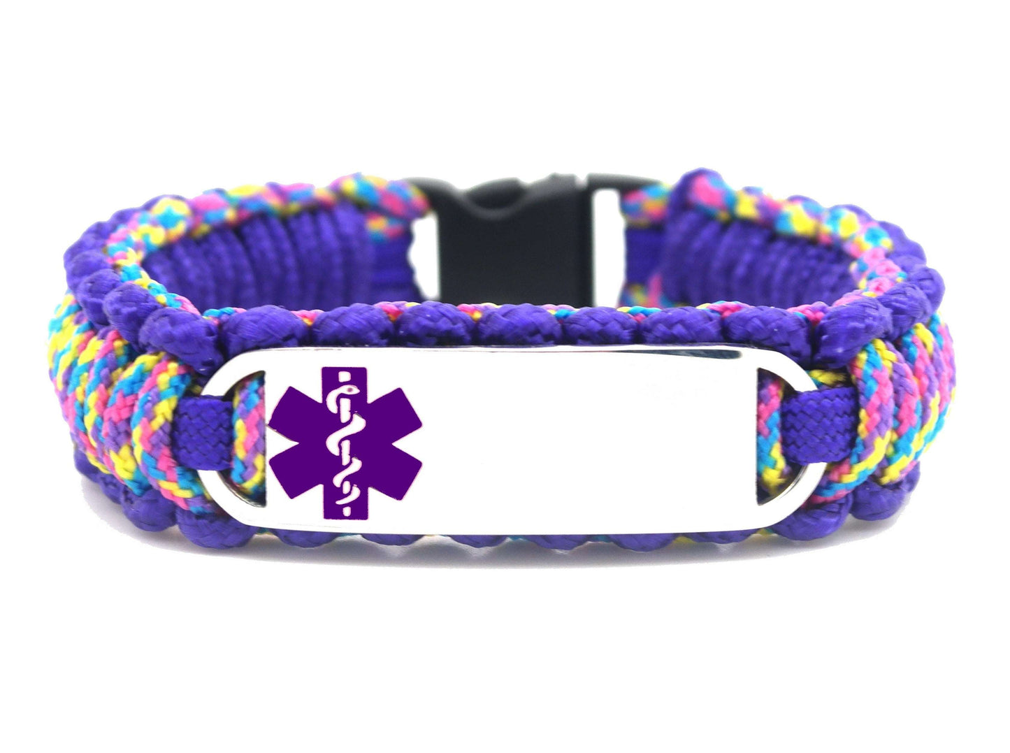 Colorful, thin, 275 paracord medical alert bracelet with a silver colored, stainless steel ID tag with an enameled purple medical symbol, displayed on a white background.