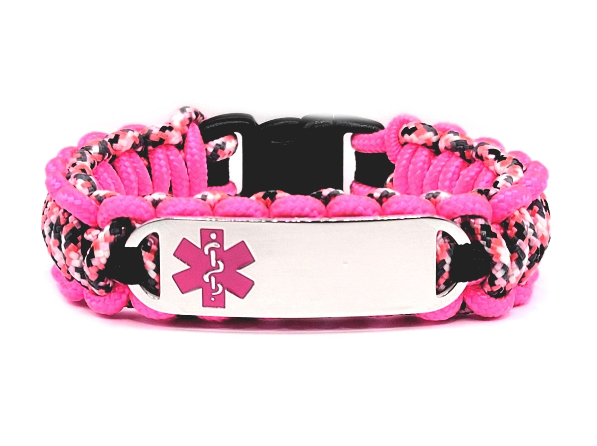 Pink & black, thin, 275 paracord medical alert bracelet with a silver colored, stainless steel ID tag with an enameled pink medical symbol, displayed on a white background.