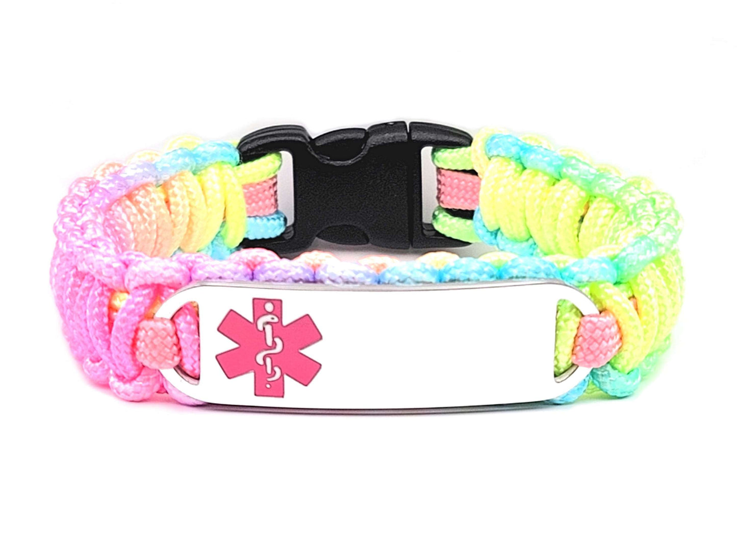 Pastel colored, thin, 275 paracord medical alert bracelet with a silver colored, stainless steel ID tag with an enameled Pink medical symbol, displayed on a white background.