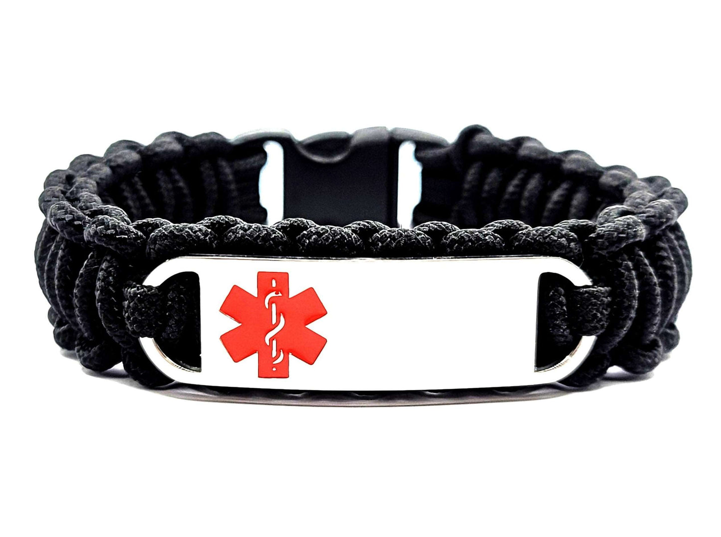 Black, thin, 275 paracord medical alert bracelet with a silver colored, stainless steel ID tag with an enameled red medical symbol, displayed on a white background.