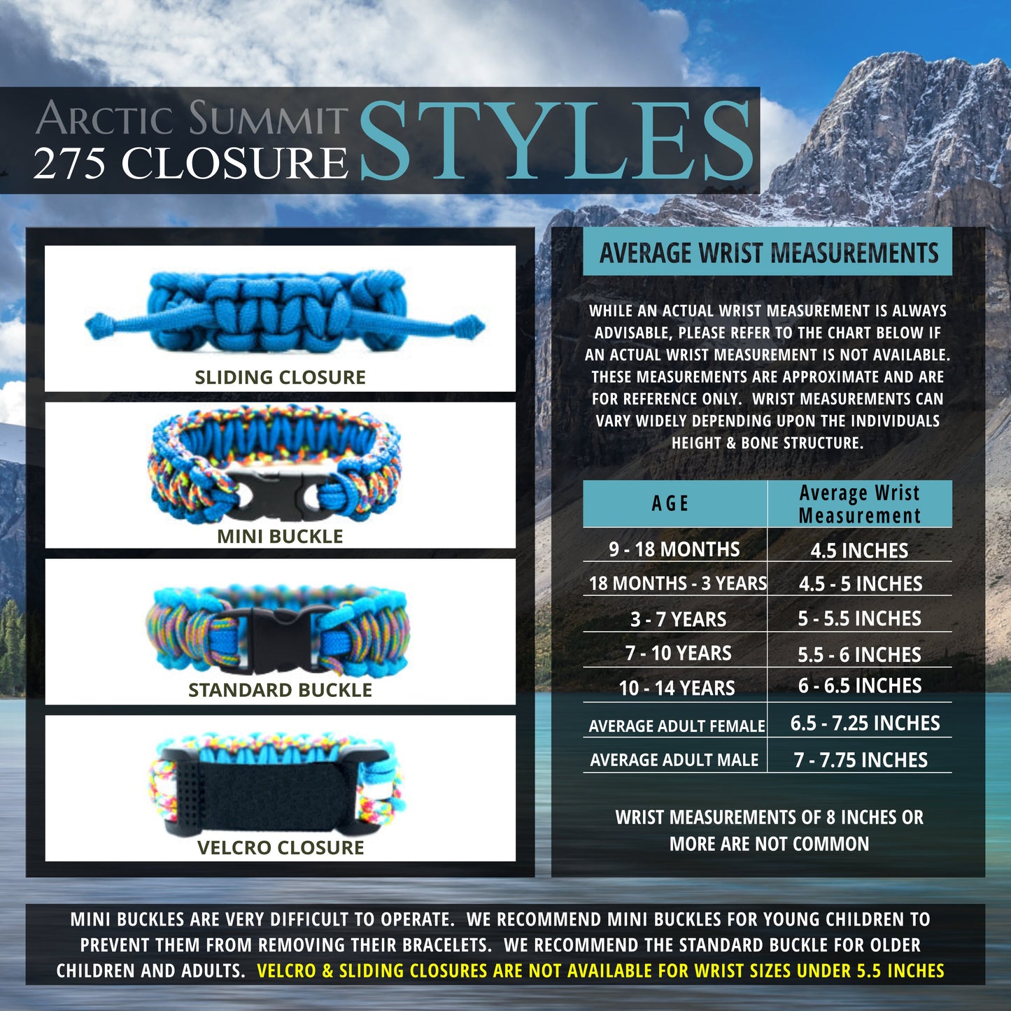 Closure Styles guide for Arctic Summit 275 Paracord bracelets, showing sliding closure, mini buckle, standard buckle, and Velcro closures. Includes average wrist measurements by age.