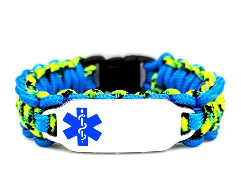 275 Paracord Bracelet with Engraved Stainless Steel Medical Alert ID Tag - Blue Medium Rectangle