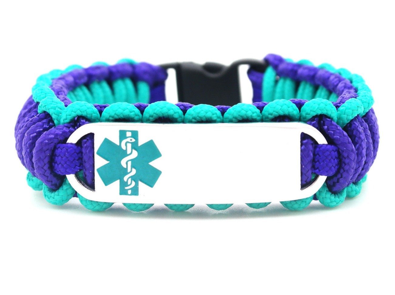 Teal & Purple, thin, 275 paracord medical alert bracelet with a silver colored, stainless steel ID tag with an enameled teal medical symbol, displayed on a white background.