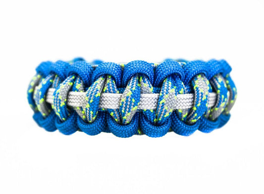 Blue, grey, and lime green paracord bracelet displayed on a white background.