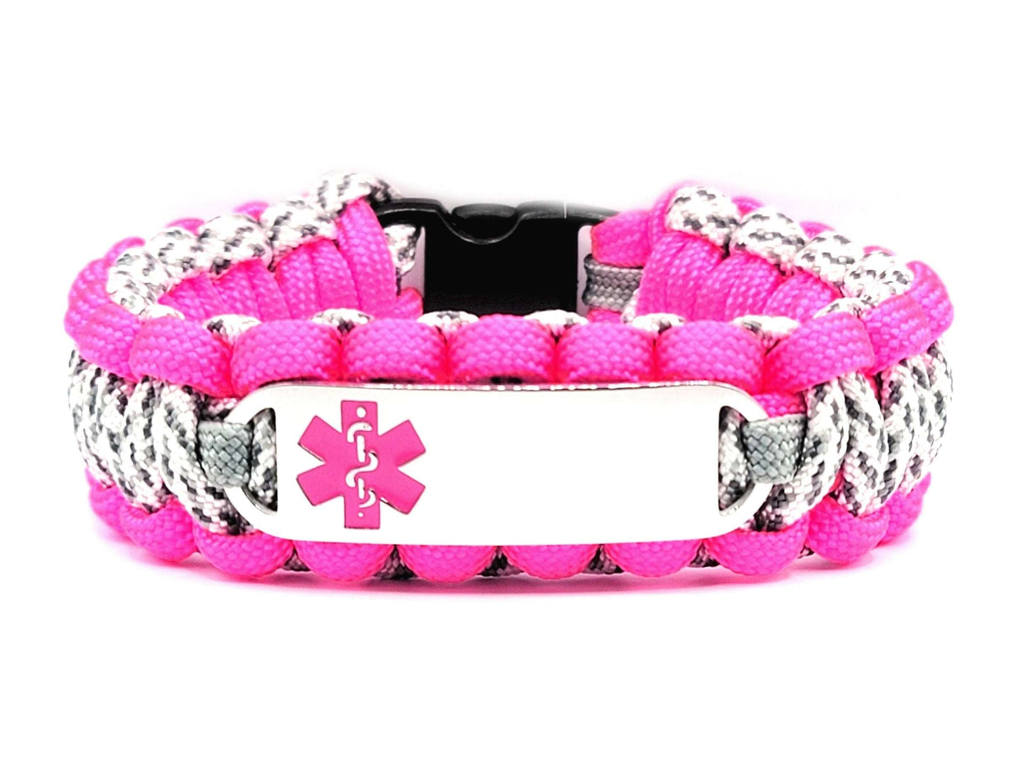 Pink, grey, and white paracord medical alert bracelet with a silver colored, stainless steel ID tag with an enameled pink medical symbol, displayed on a white background.