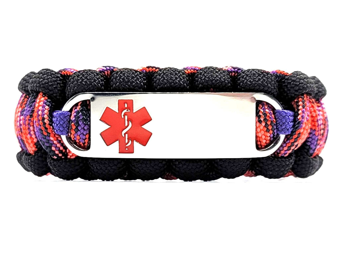 Pink, red, purple, and black paracord medical alert bracelet with a silver colored, stainless steel ID tag with an enameled red medical symbol, displayed on a white background.