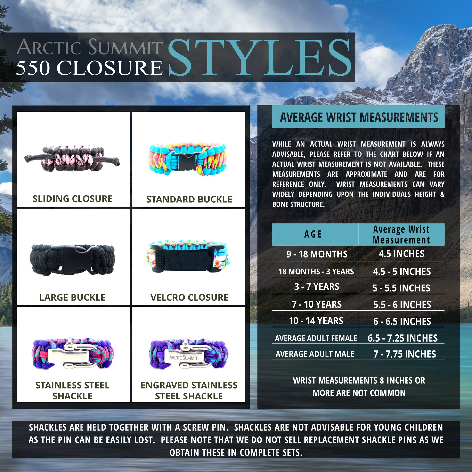 Closure Styles guide for Arctic Summit 550 paracord bracelets, showing sliding closure, standard buckle, large buckle, Velcro closure, and stainless steel shackle. Includes average wrist measurements by age against a mountain backdrop.