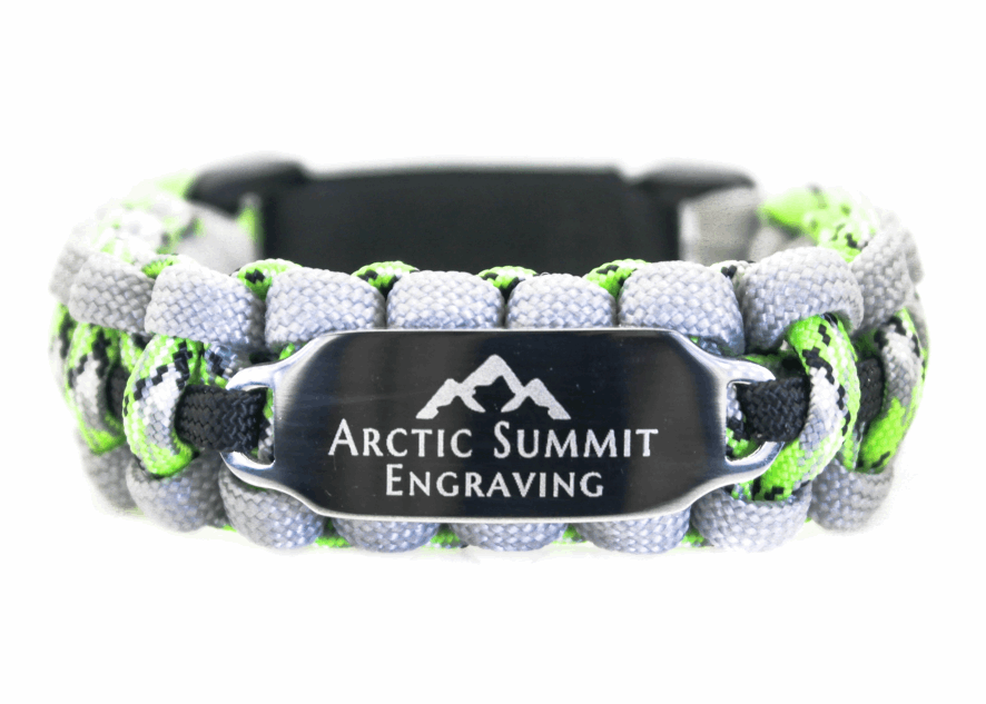 Neon green, black, and silver paracord ID bracelet with a silver, stainless steel ID tag engraved with Arctic Summit and a mountain logo, displayed on an all white background.