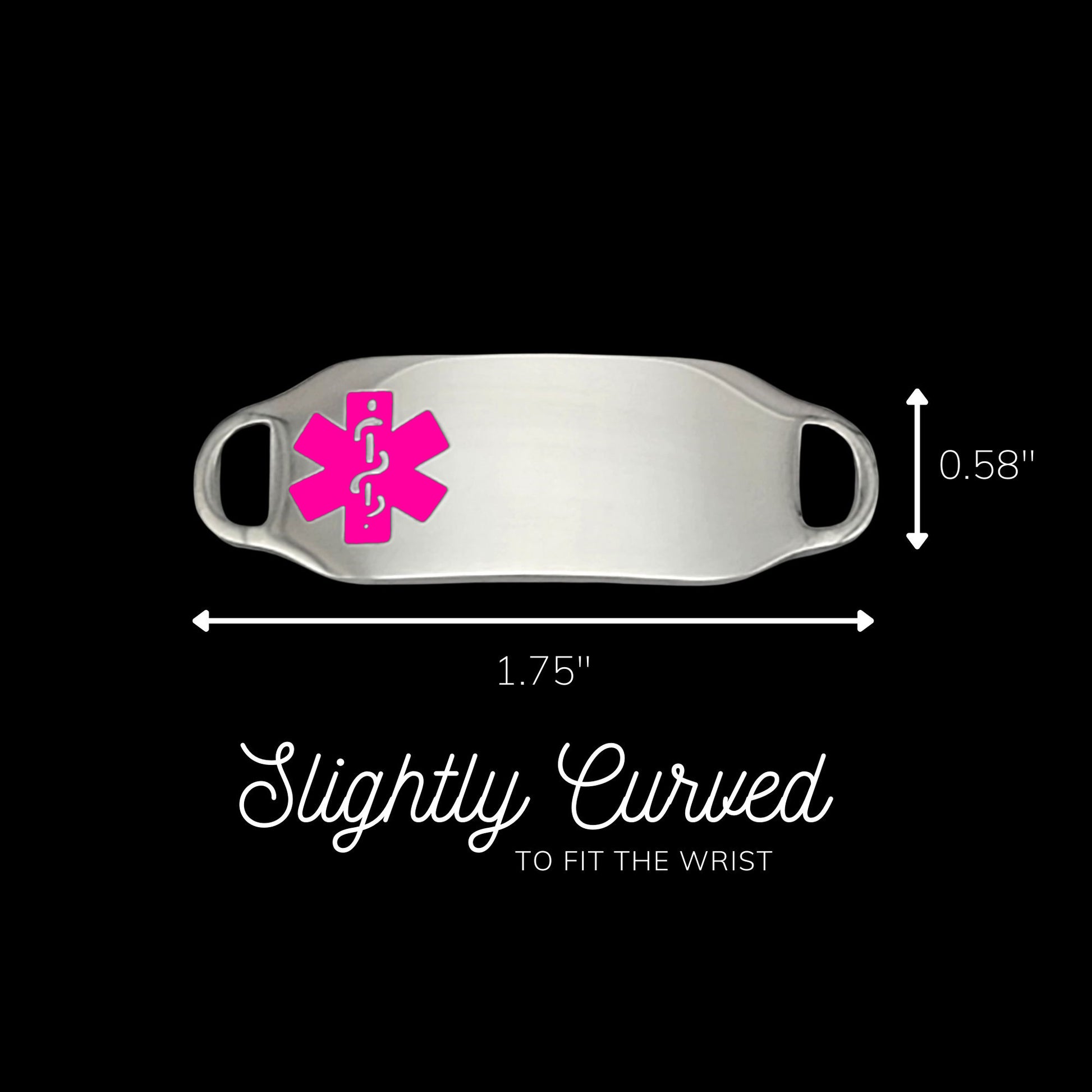 A polished silver colored ID tag, featuring a pink medical symbol, 1.75 inches; wide and 0.58 inch; tall. Tag is slightly curved for comfort.