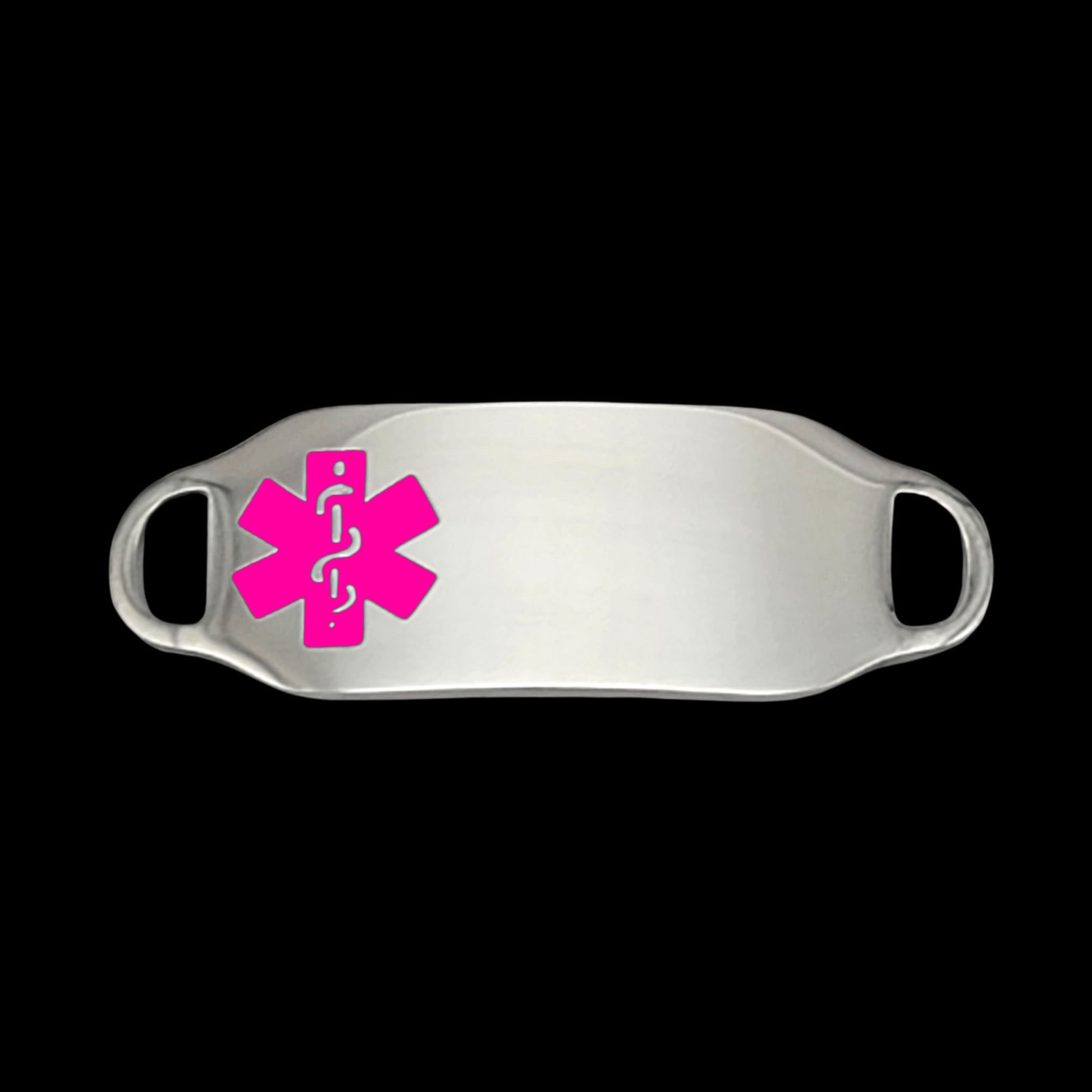 A sleek stainless steel medical ID tag featuring a prominent pink medical symbol, designed for emergency identification.