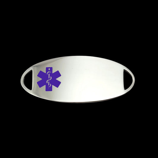 A sleek stainless steel medical ID tag featuring a prominent purple medical symbol, designed for emergency identification.