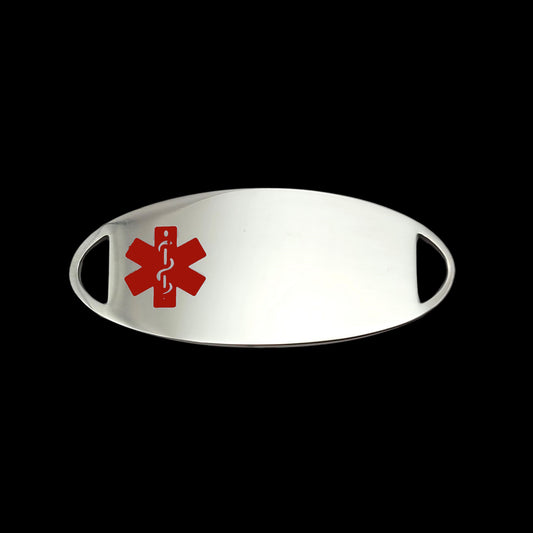 A sleek stainless steel medical ID tag featuring a prominent red medical symbol, designed for emergency identification.