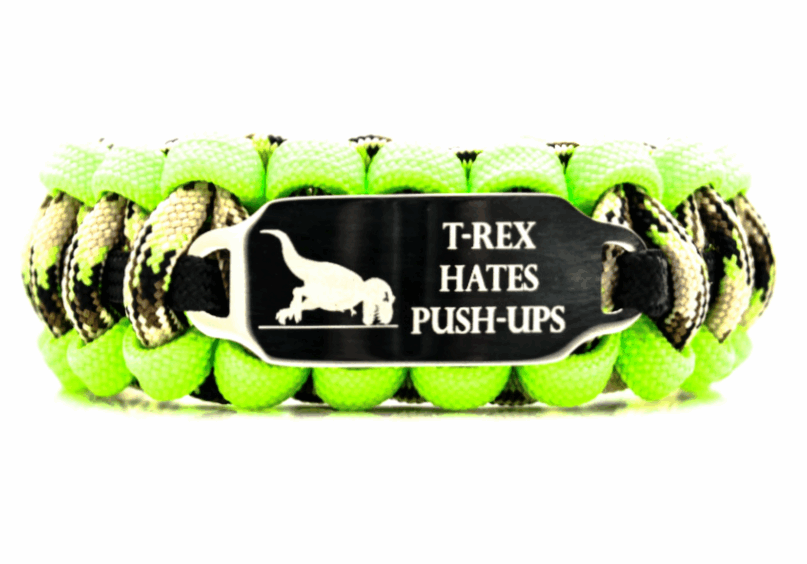 Funny green and black 550 paracord bracelet featuring a t-rex face down on the floor, with text that reads T-Rex Hates Push-ups.