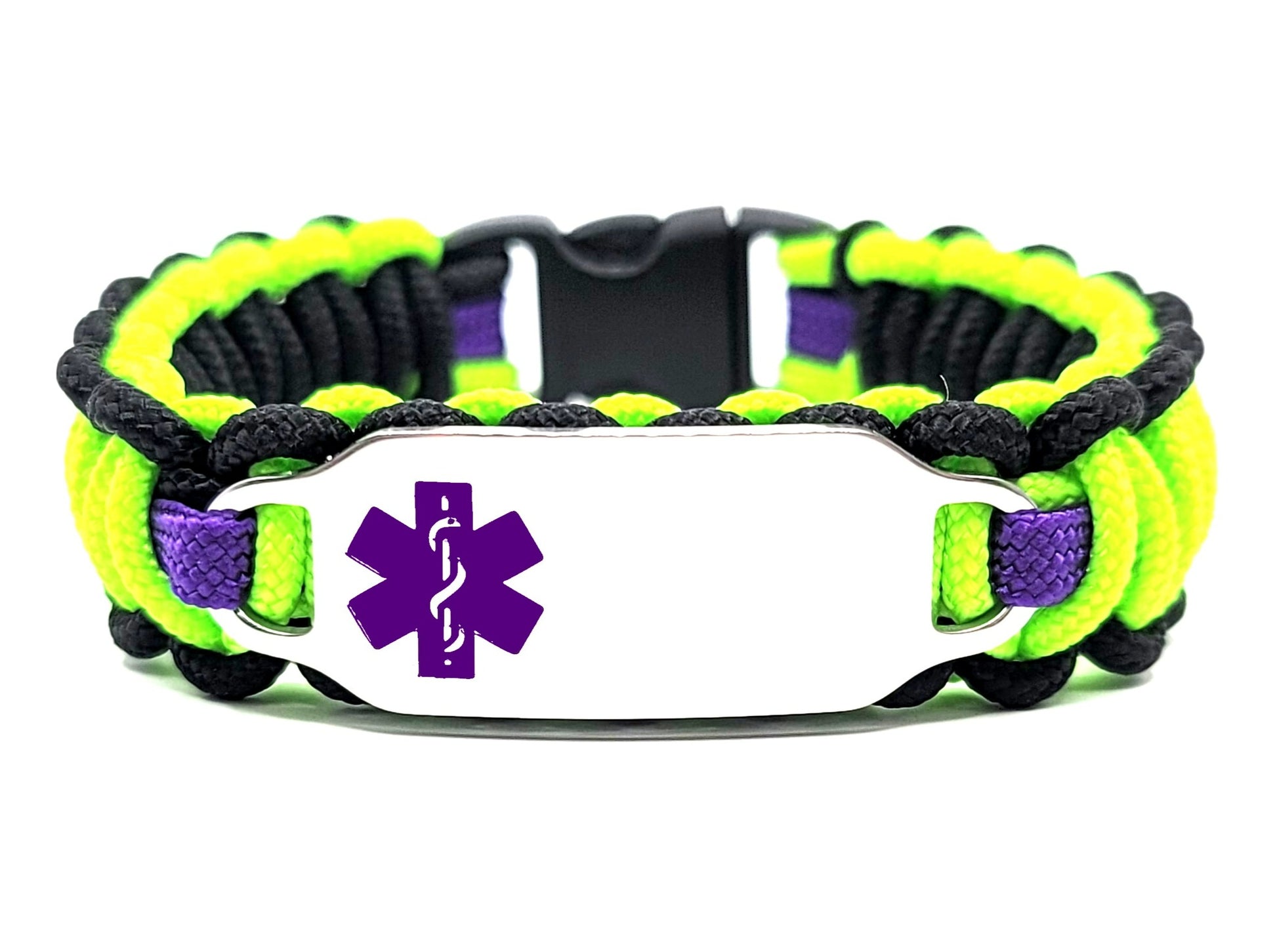 Lime green, black & Purple, thin, 275 paracord medical alert bracelet with a silver colored, stainless steel ID tag with an enameled purple medical symbol, displayed on a white background.