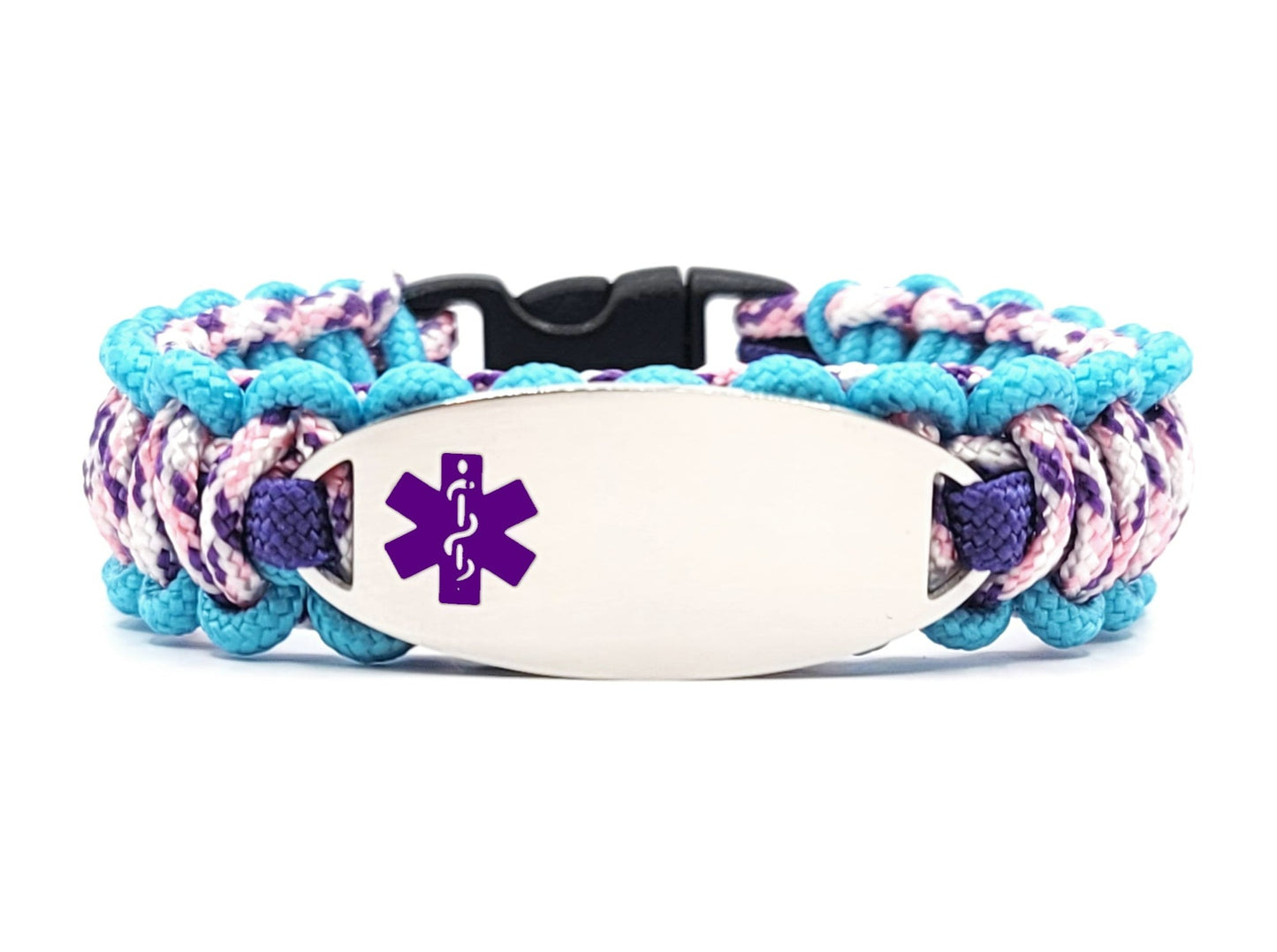 Turquoise, pink, and purple, thin, 275 paracord medical alert bracelet with a silver colored, stainless steel ID tag with an enameled purple medical symbol, displayed on a white background.