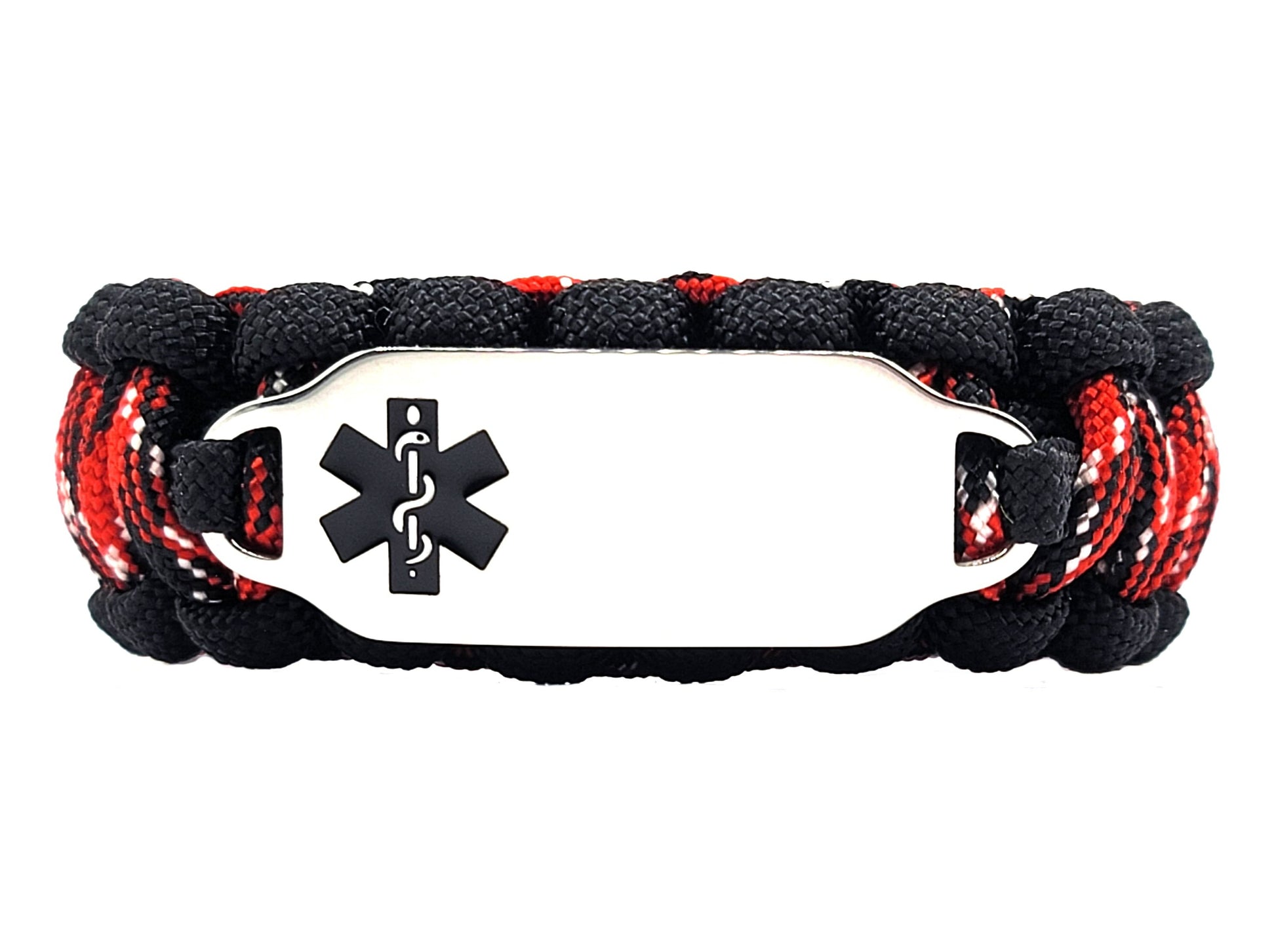 Black, red, and white paracord medical alert bracelet with a silver colored, stainless steel ID tag with an enameled black medical symbol, displayed on a white background.