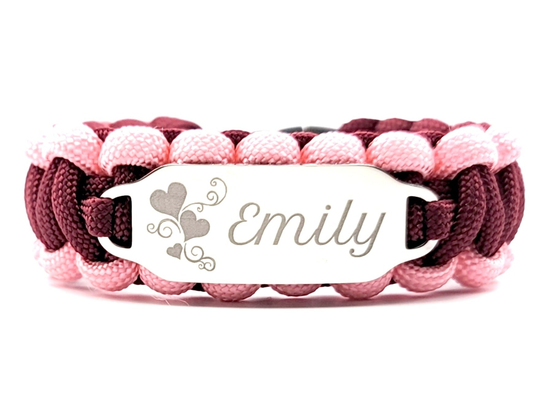 Burgundy and Pink paracord ID bracelet with a silver, stainless steel ID tag engraved with the name Emily and decorative hearts, displayed on a white background.