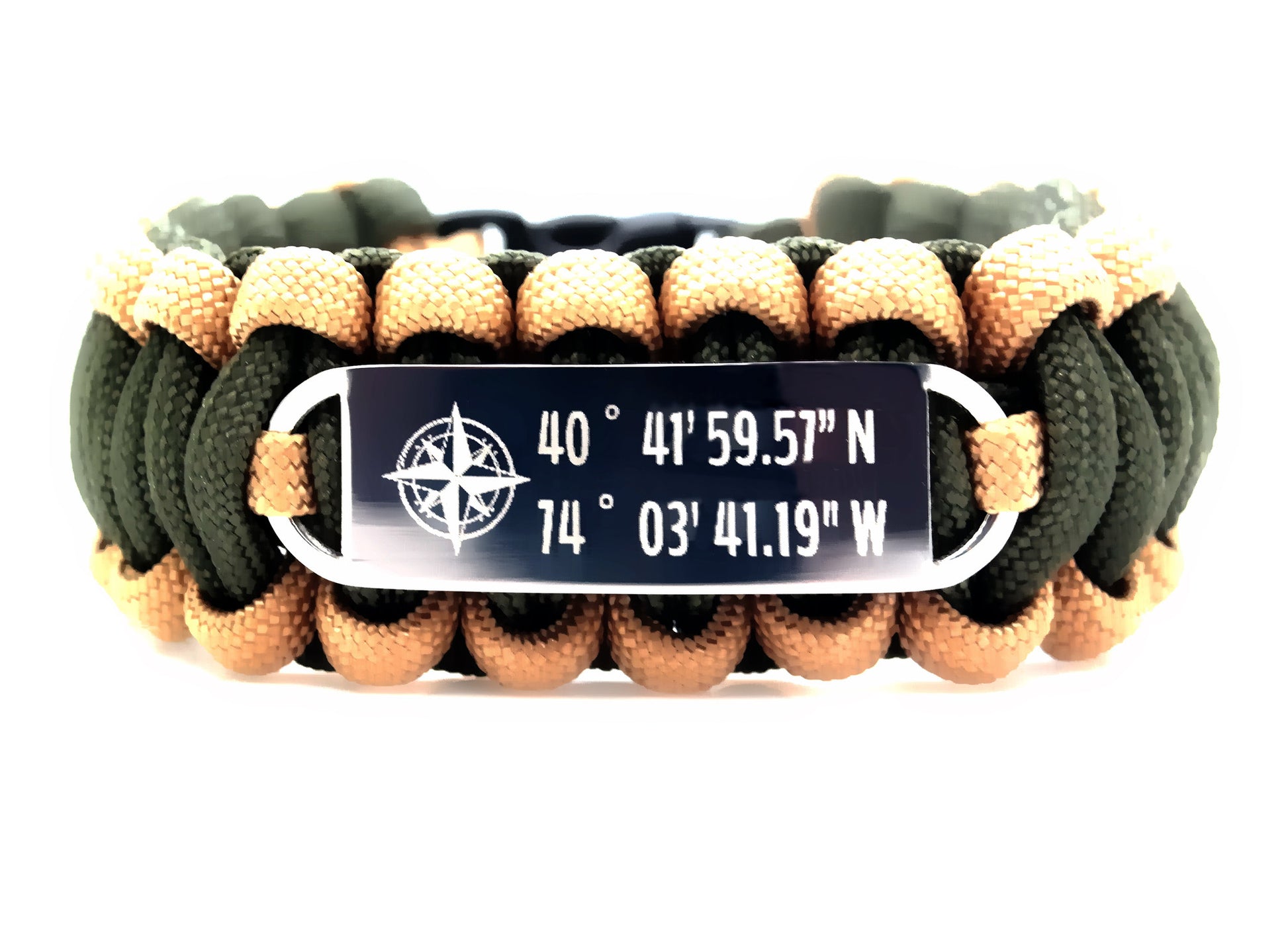 Olive drab green and tan paracord ID bracelet with a silver, stainless steel ID tag engraved with GPS coordinates and a compass symbol, displayed on a white background.